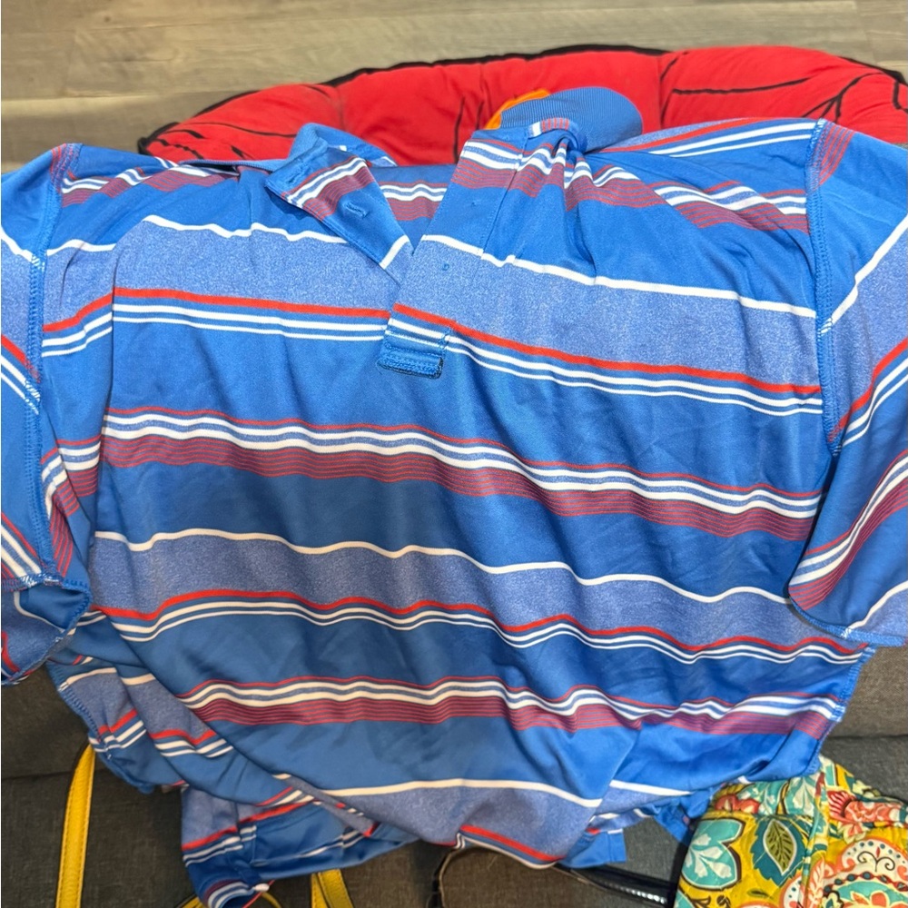 Blue Striped Polo Shirt - Red & White Stripe Detail